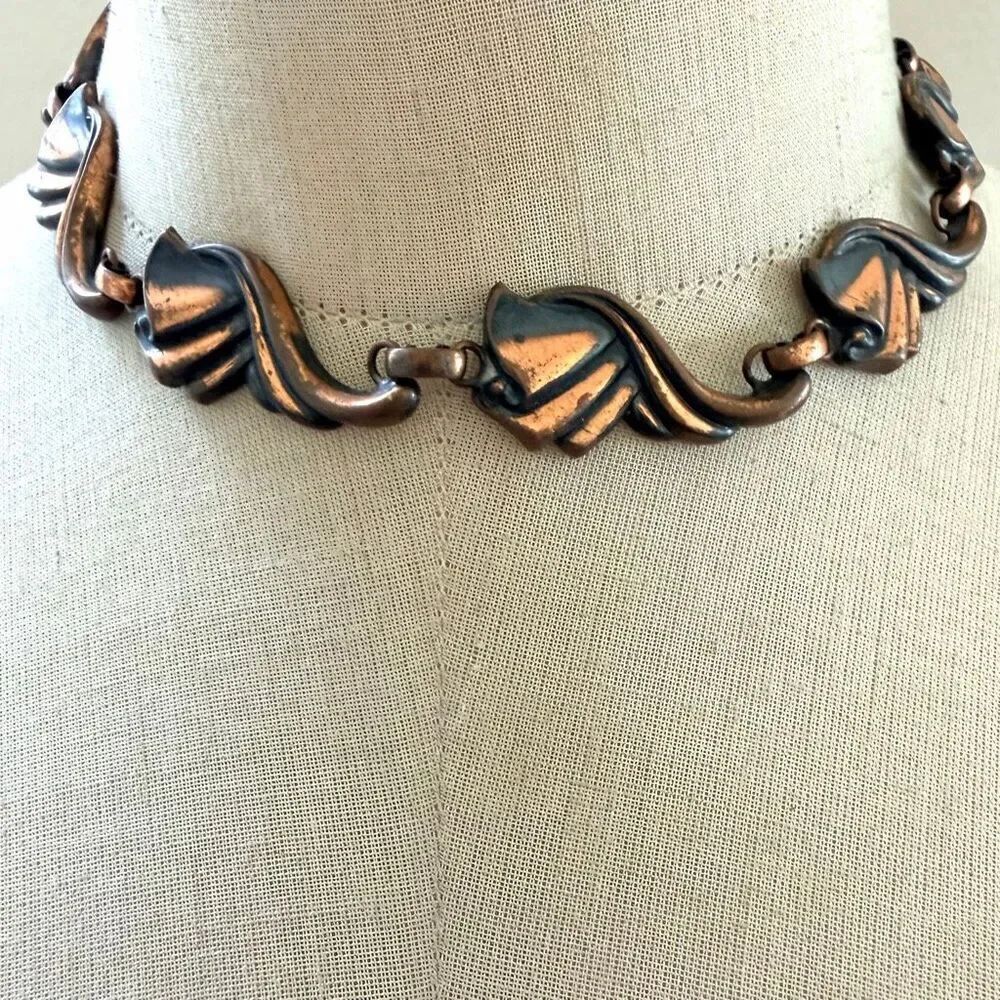 Vintage Copper Link Necklace MCM Sculptural Leaves